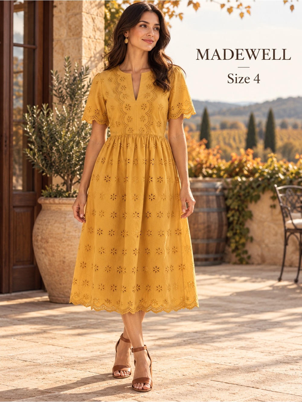 Madewell Scalloped Eyelet Midi Dress Mustard Gold Size 4